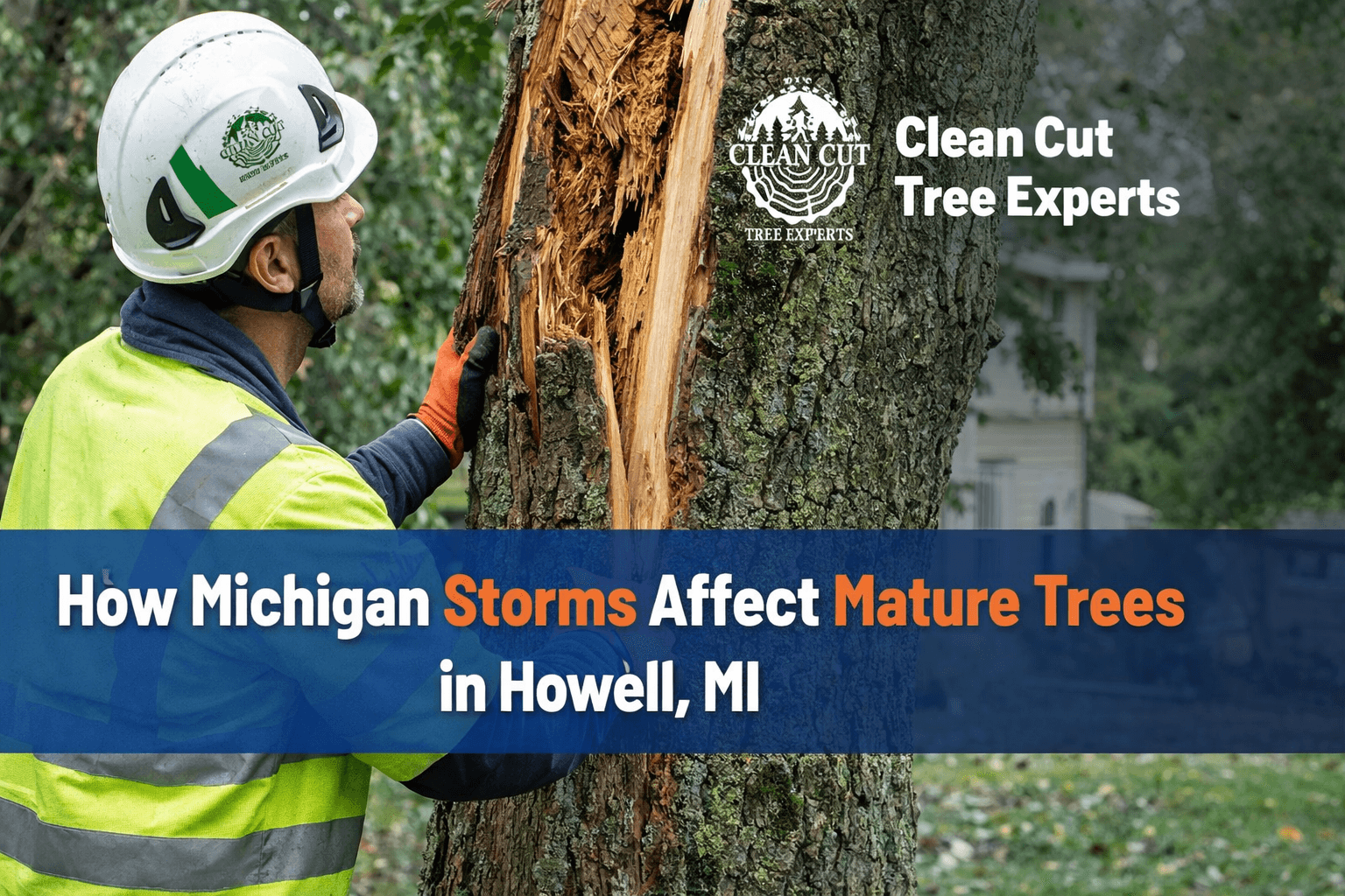 Arborist inspecting storm-damaged mature tree trunk after high winds in Howell, Michigan