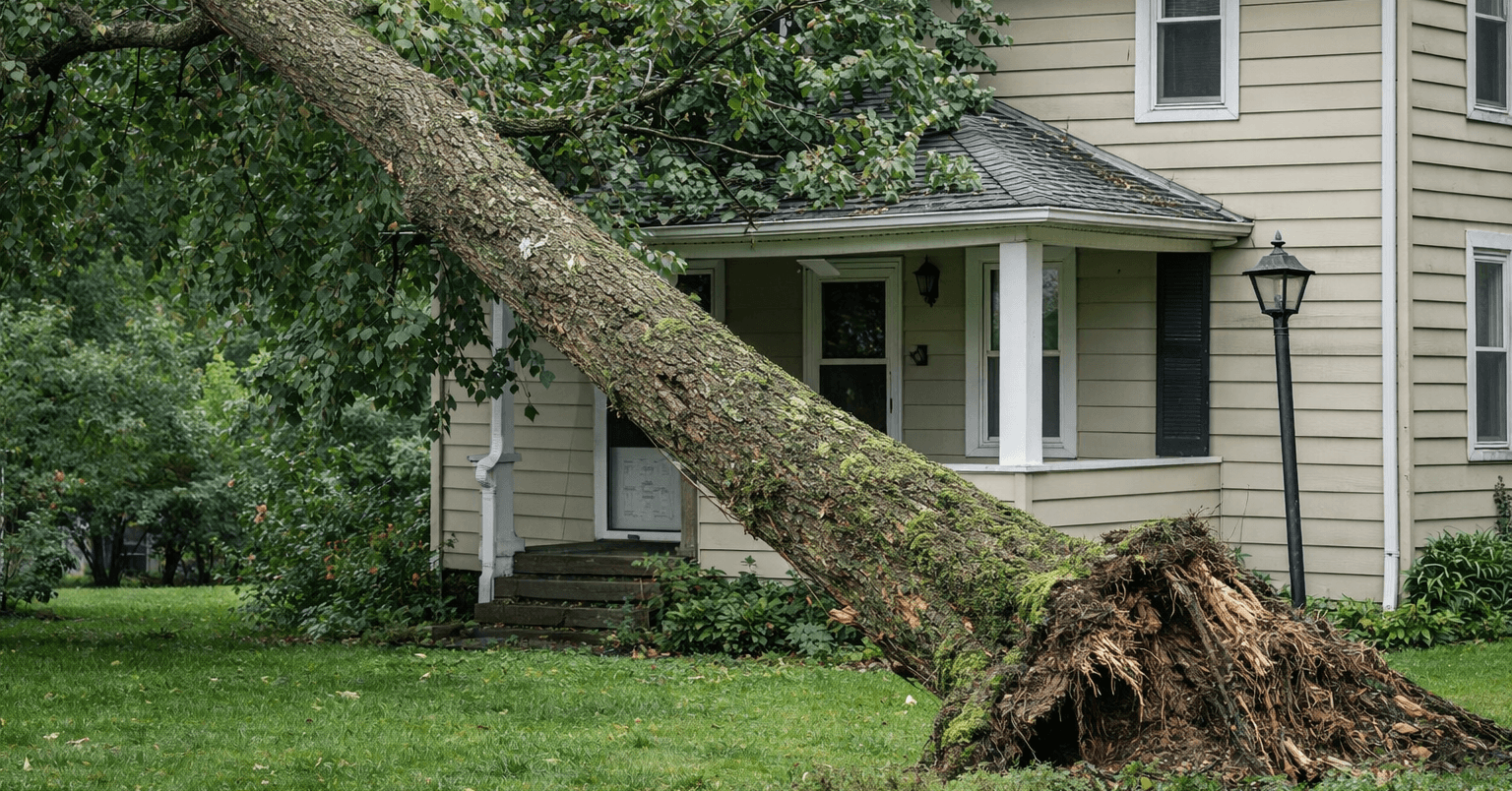 Storm-damaged tree leaning toward a home in Howell, Michigan