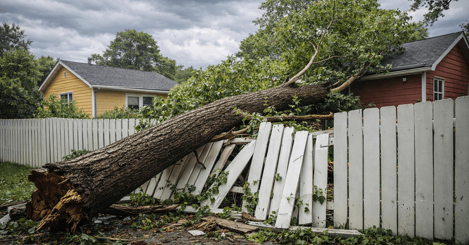 Fallen tree on residential fence after Michigan storm