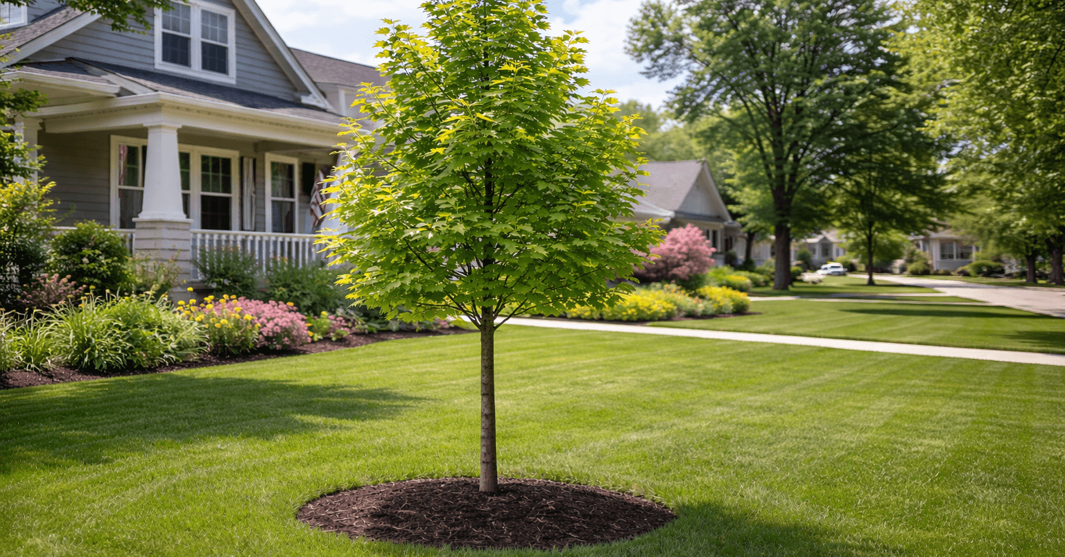 Healthy young replacement tree thriving in a suburban Plymouth landscape