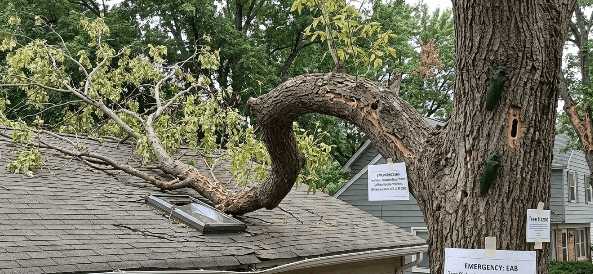 tree branches hanging over the residential roof, causing structural risk