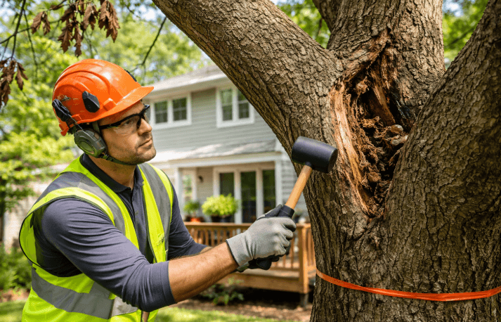 Arborist inspects maple tree damage Arborist inspecting tree trunk decay near home to assess structural damage risk