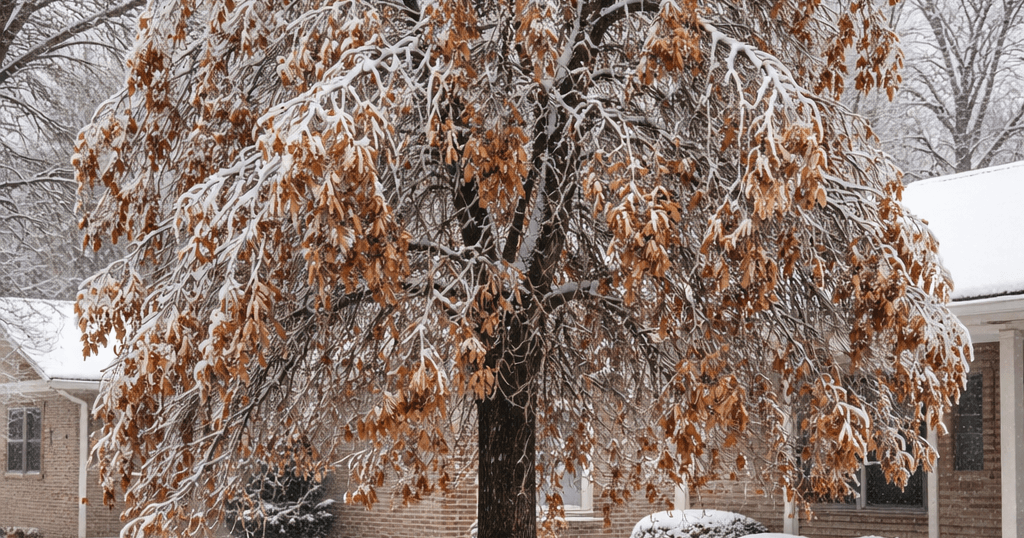 Winter-stressed tree in a Livonia, Michigan yard