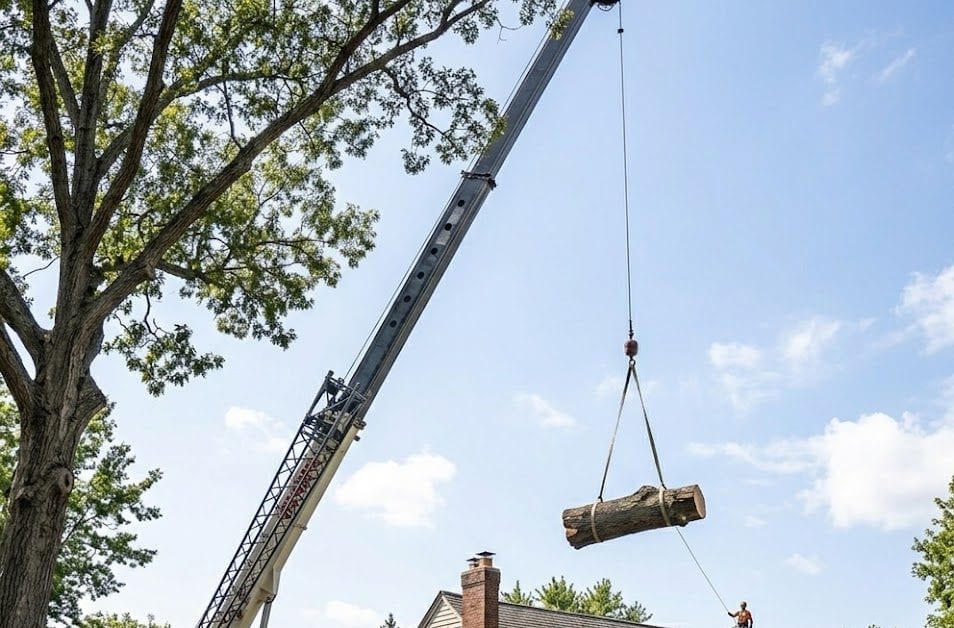 Crane lifting Red Oak section over Birmingham MI residential roof
