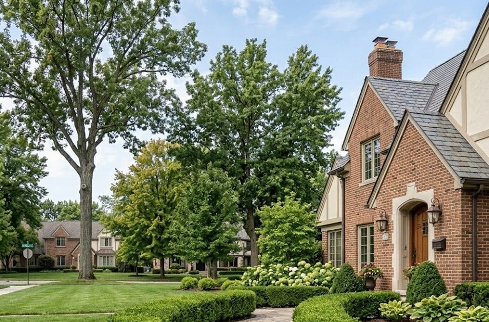 Neatly trimmed boxwood shrubs lining a stone walkway of a Michigan home.