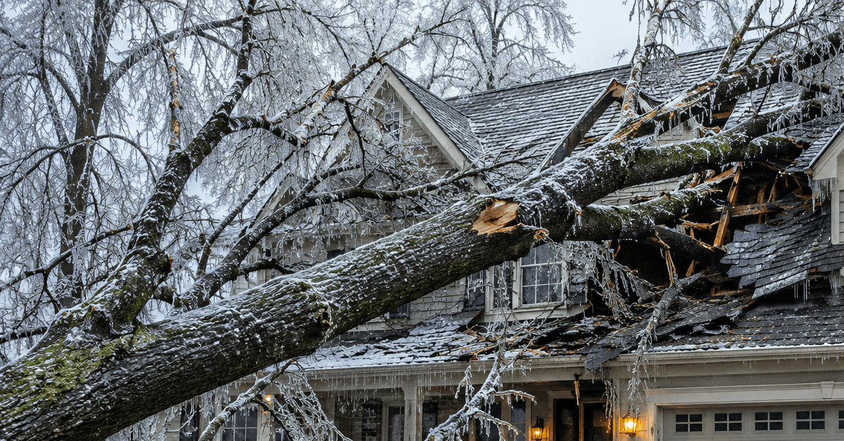 fallen tree damaging residential roof after severe ice storm in Metro Detroit Michigan
