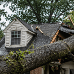 large fallen tree crushing residential roof after severe storm damage in Metro Detroit Michigan