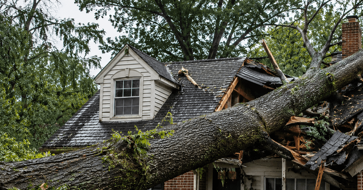 large fallen tree crushing residential roof after severe storm damage in Metro Detroit Michigan