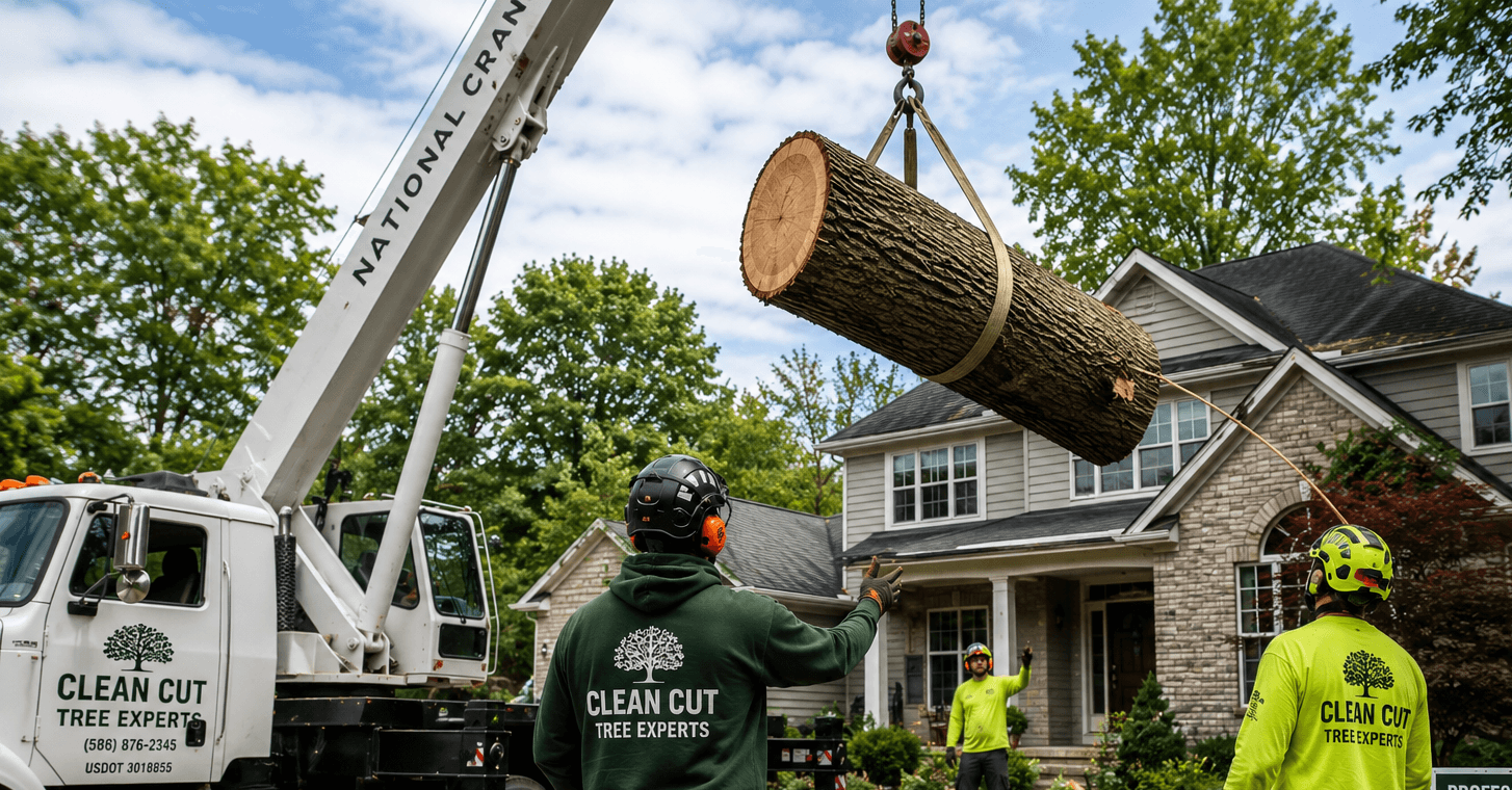 professional crane-assisted tree removal near residential home in Southeast Michigan