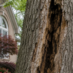 Cracked tree trunk showing structural decay in a Farmington Hills residential yard