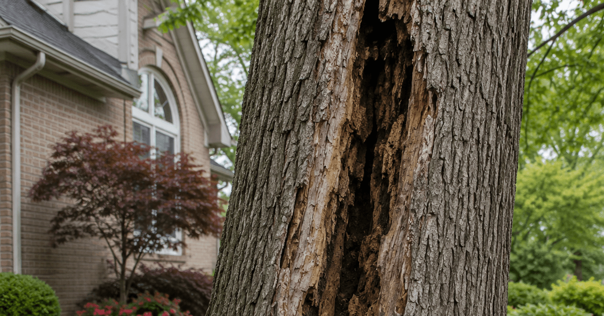 Cracked tree trunk showing structural decay in a Farmington Hills residential yard