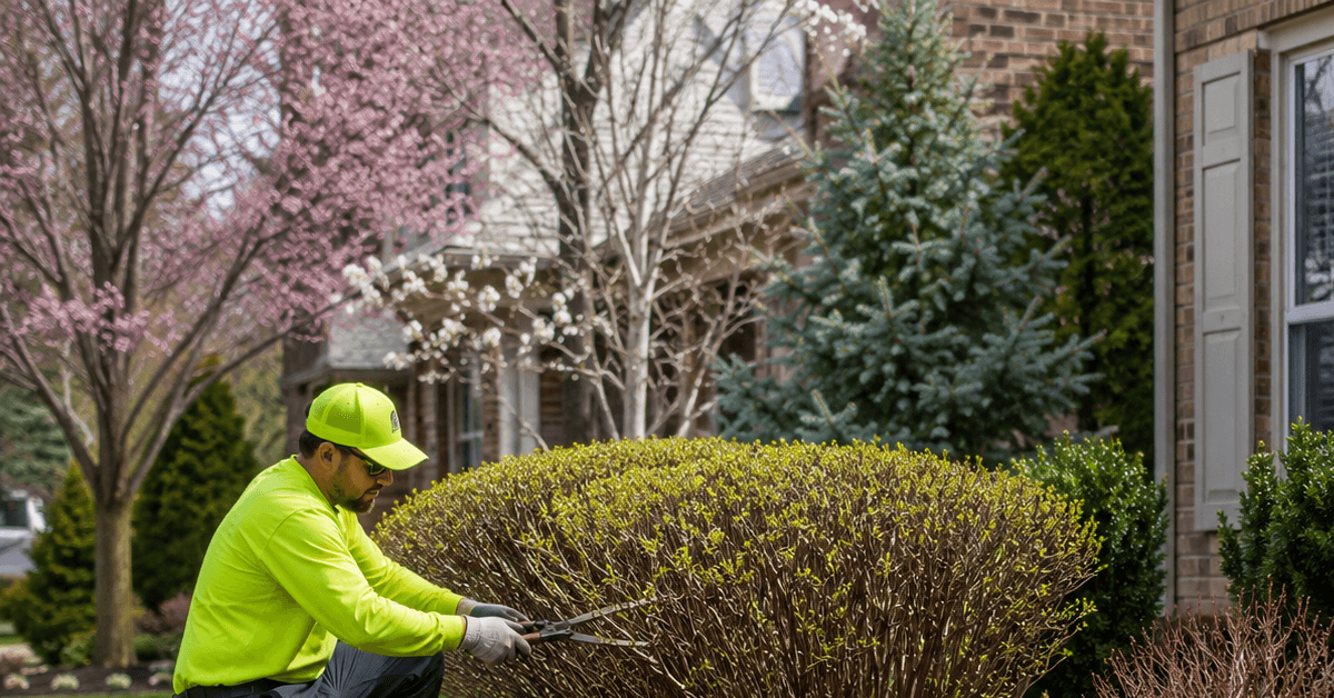 Professional shrub pruning in a Southeast Michigan residential garden during early spring