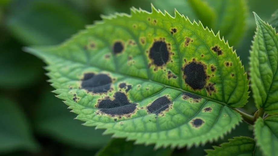 Close-up of green leaves with black spots caused by fungal infection