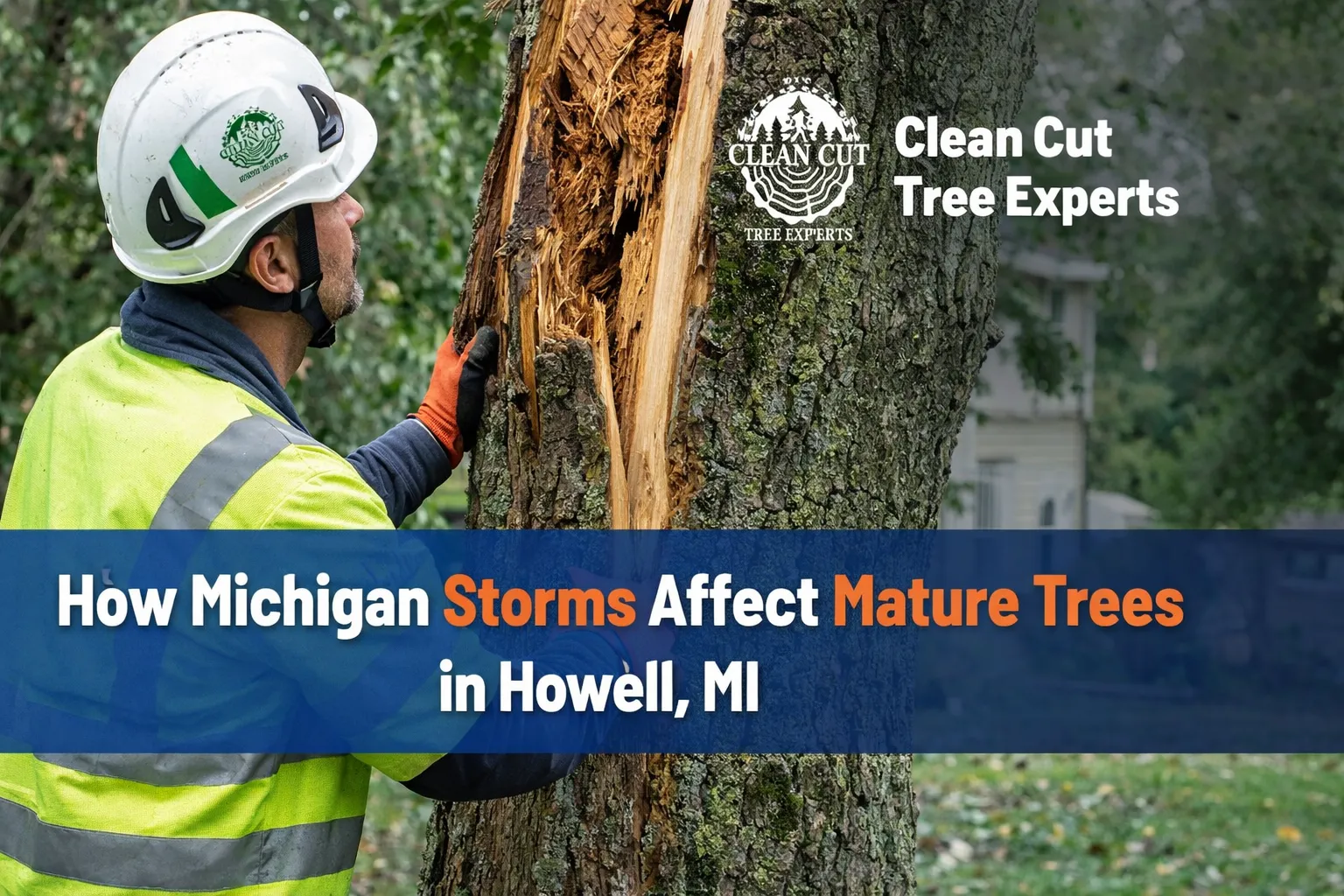 Arborist inspecting storm-damaged mature tree trunk after high winds in Howell, Michigan