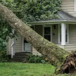 Storm-damaged tree leaning toward a home in Howell, Michigan