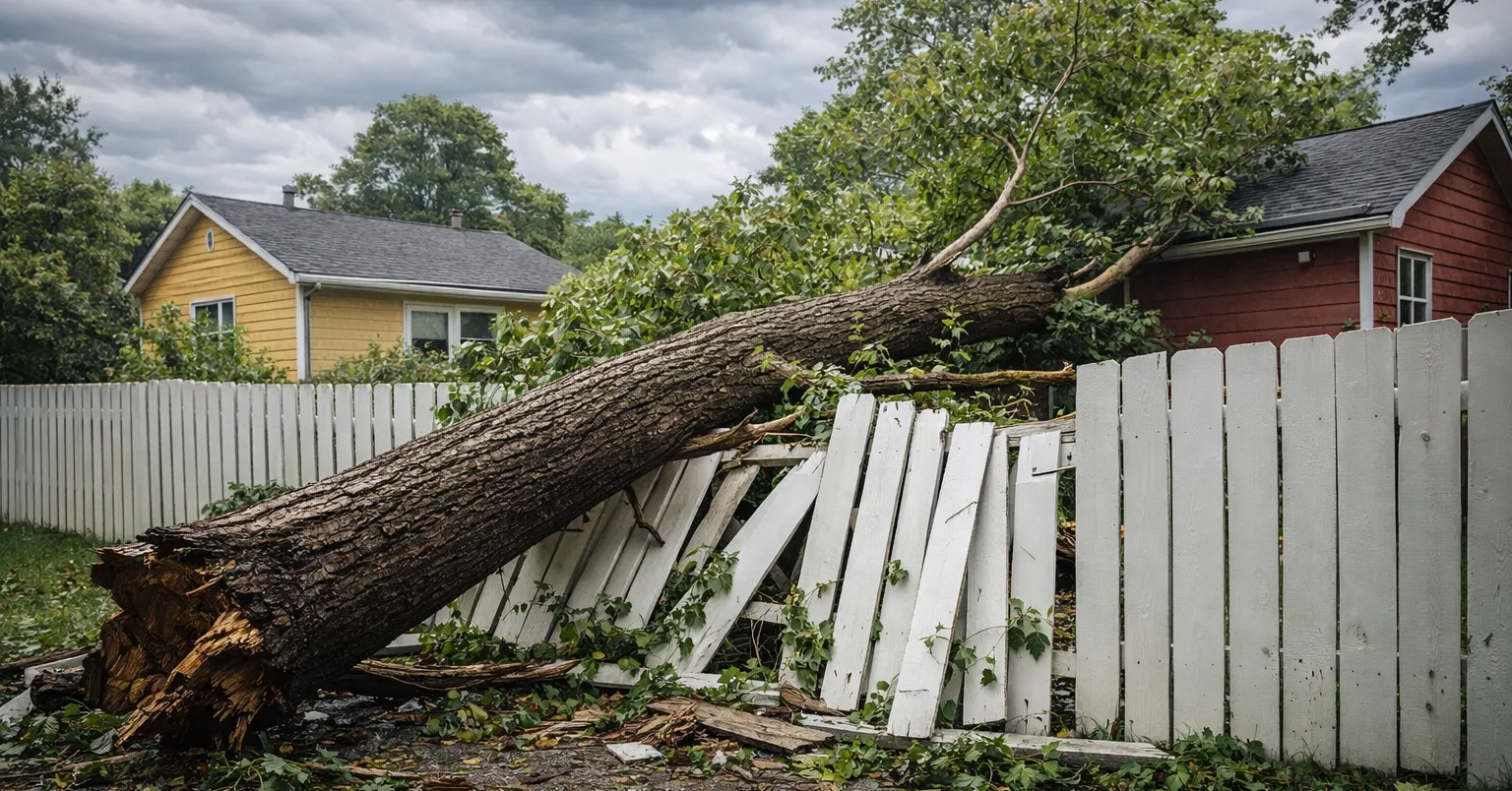 Fallen tree on residential fence after Michigan storm