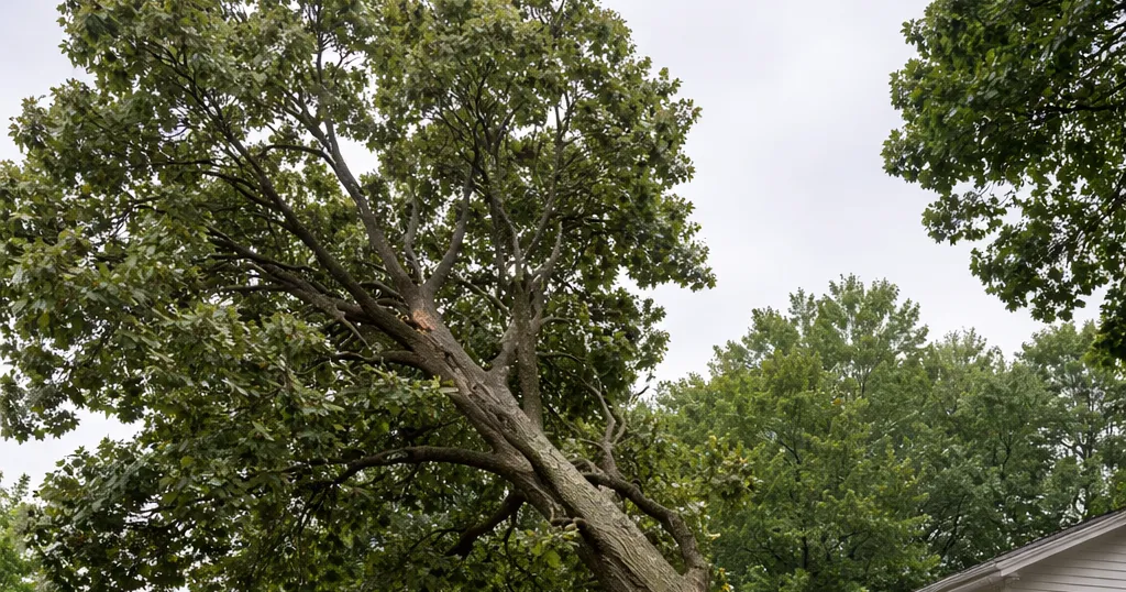 . Storm-damaged tree leaning dangerously after high winds in Southeast Michigan