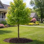 Healthy young replacement tree thriving in a suburban Plymouth landscape