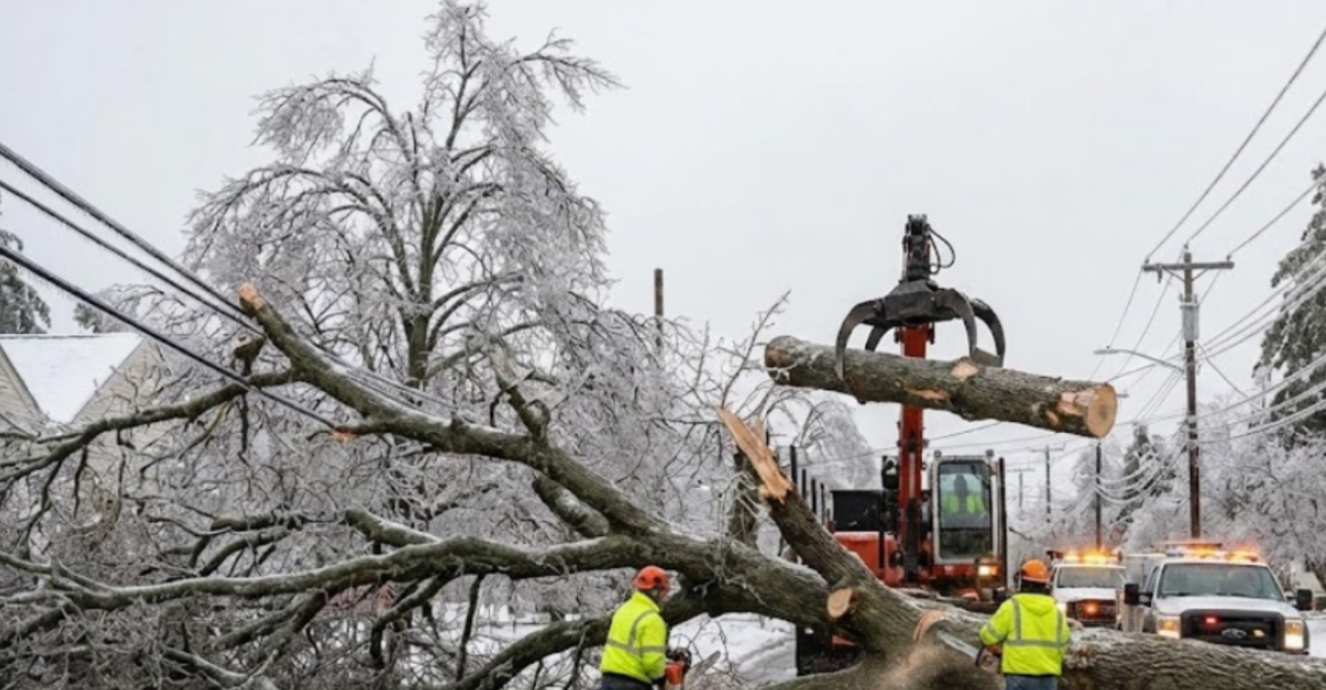 Tree removal crew clearing fallen tree after ice storm in Livonia, MI
