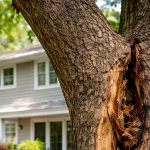 Cracked tree trunk near house showing structural damage and failure risk