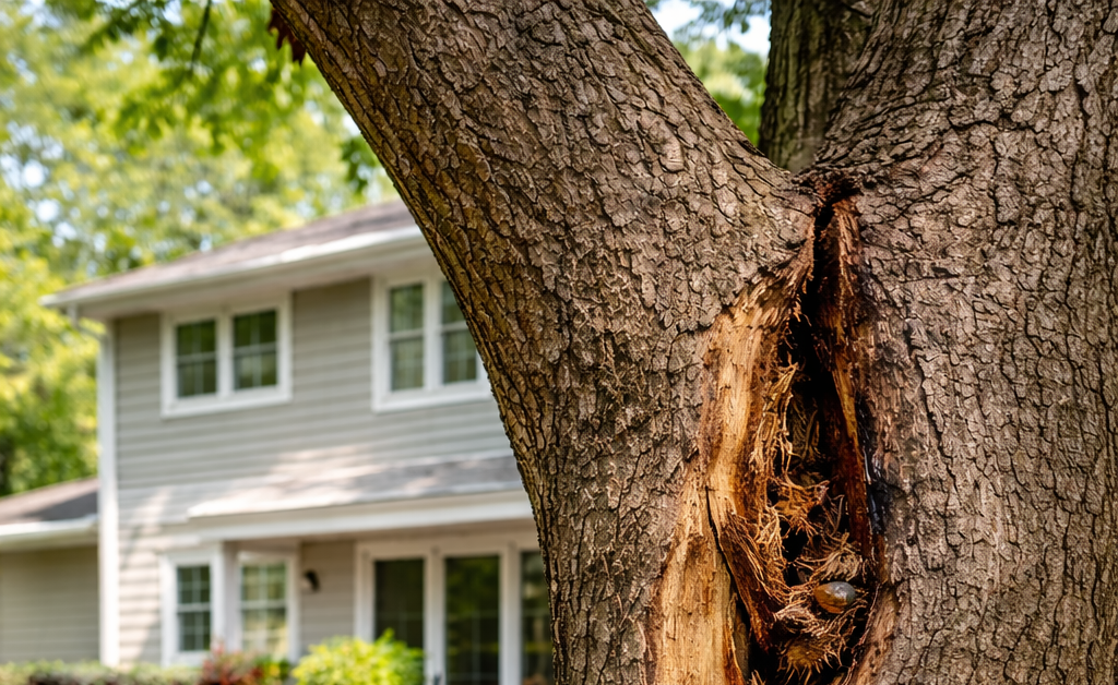 Cracked tree trunk near house showing structural damage and failure risk