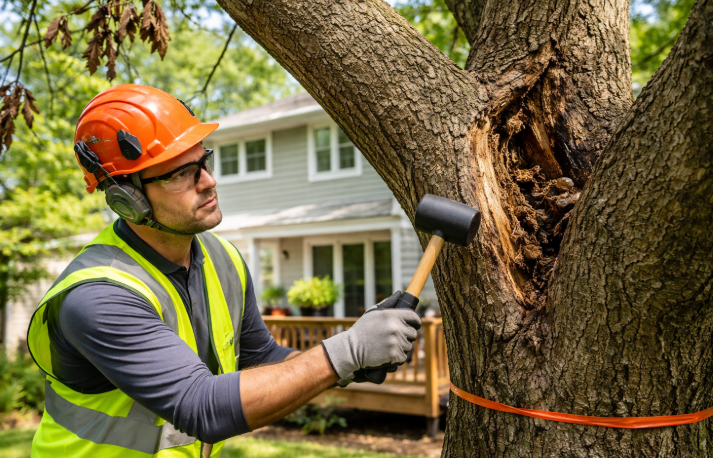 Arborist inspects maple tree damage Arborist inspecting tree trunk decay near home to assess structural damage risk