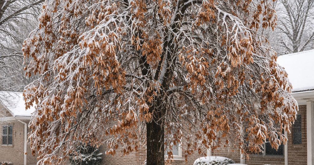 Winter-stressed tree in a Livonia, Michigan yard