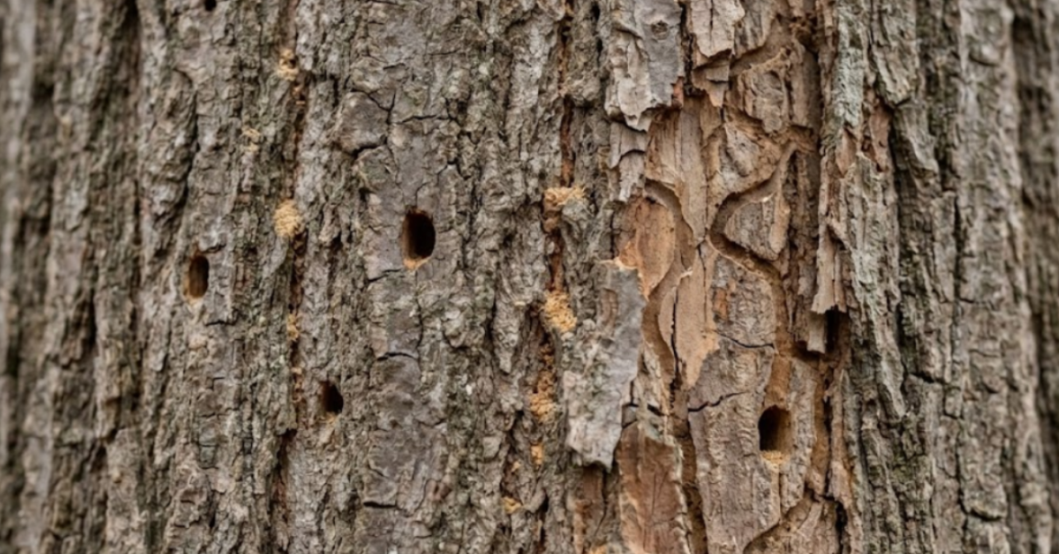 Close-up of D-shaped exit holes and bark splitting from Emerald Ash Borer infestation