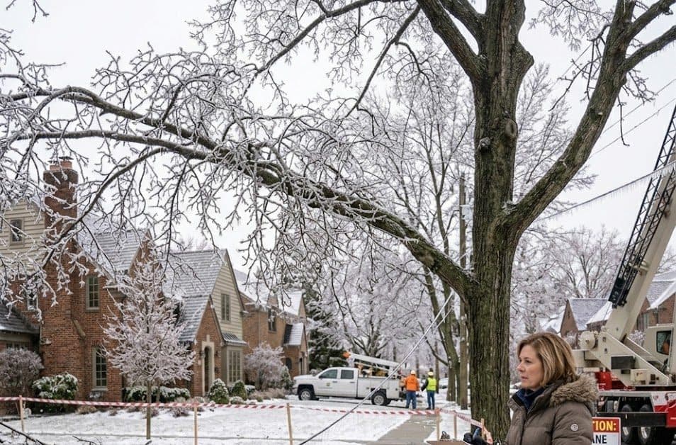 Homeowner safely assessing ice storm tree damage Farmington Hills MI