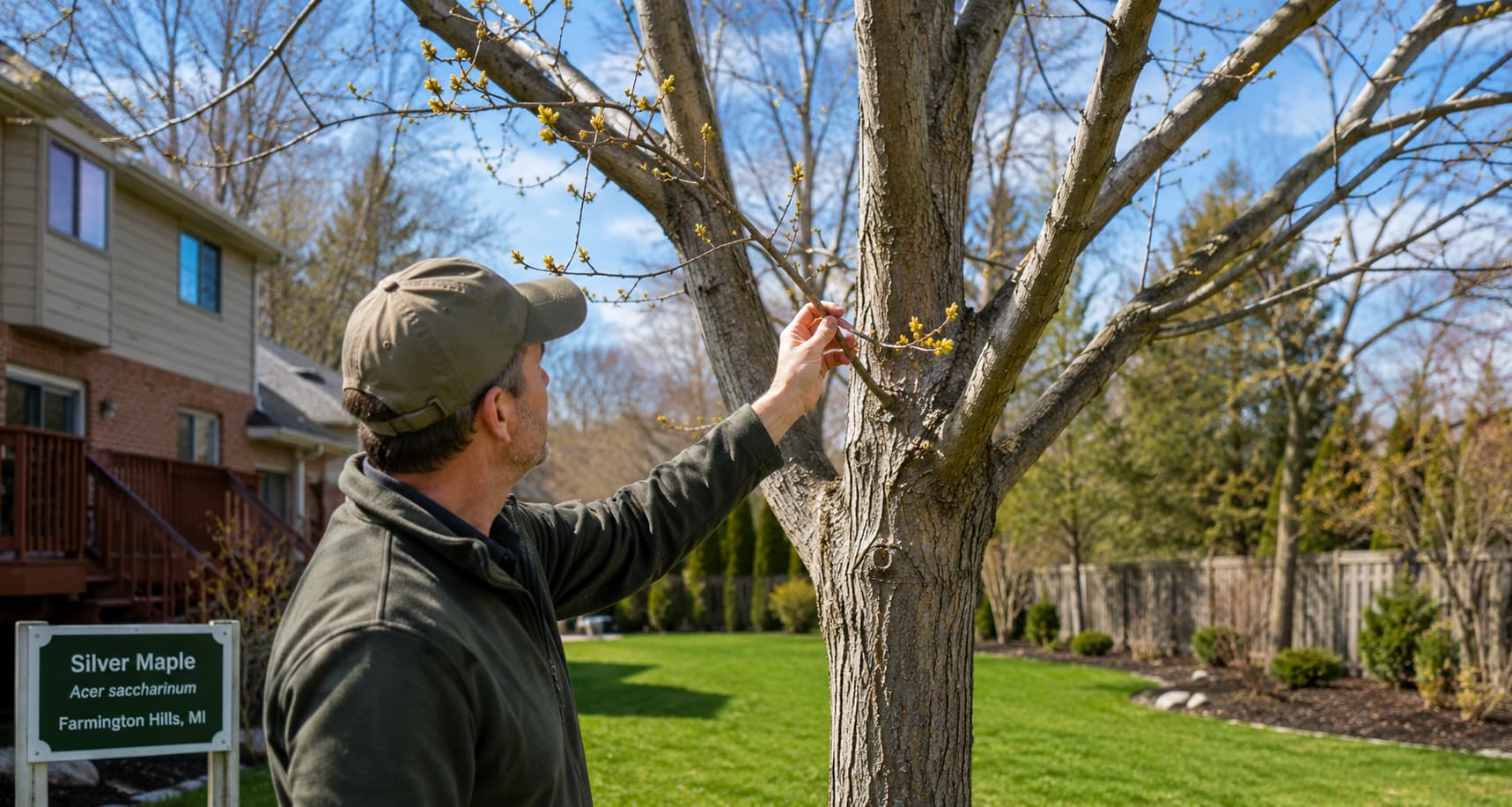 A homeowner inspecting a budding Silver Maple in a Farmington Hills backyard