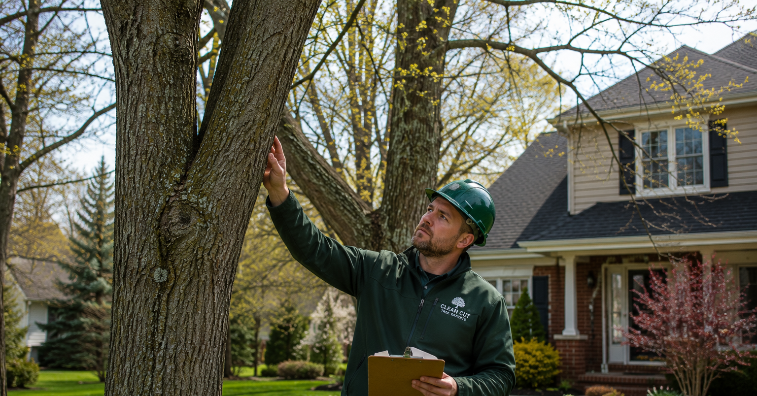 arborist inspecting mature trees during early spring in Southeast Michigan residential yard