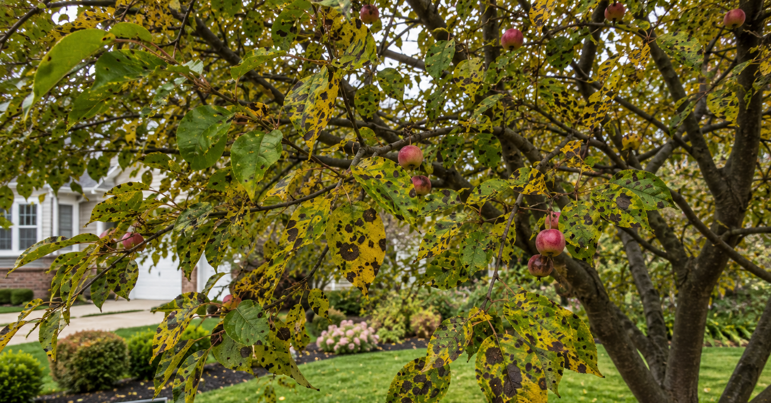 crabapple tree with spotted yellow leaves caused by Apple Scab in Southeast Michigan landscape