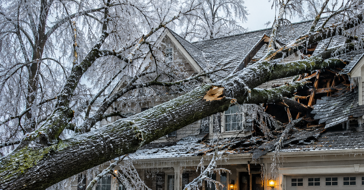 fallen tree damaging residential roof after severe ice storm in Metro Detroit Michigan