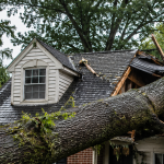large fallen tree crushing residential roof after severe storm damage in Metro Detroit Michigan
