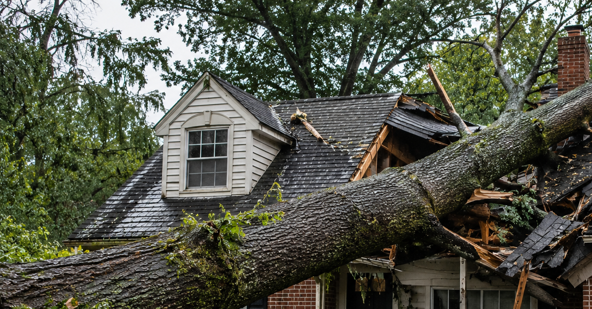 large fallen tree crushing residential roof after severe storm damage in Metro Detroit Michigan