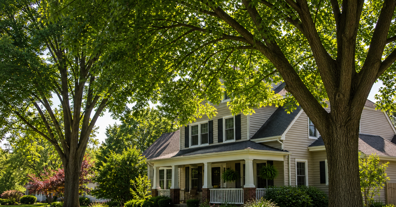 large shade trees cooling a residential home during summer in Southeast Michigan