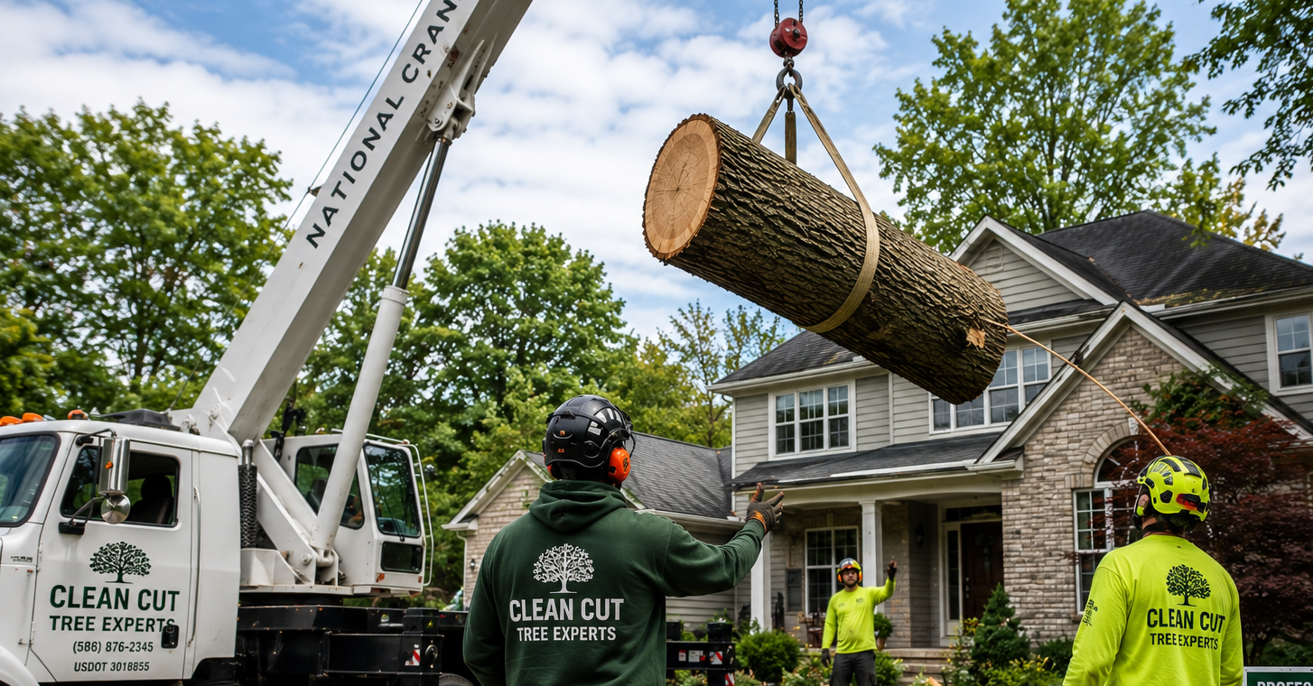 professional crane-assisted tree removal near residential home in Southeast Michigan