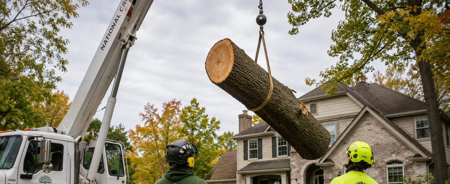 professional tree crew using crane equipment during safe tree removal near residential home in Michigan