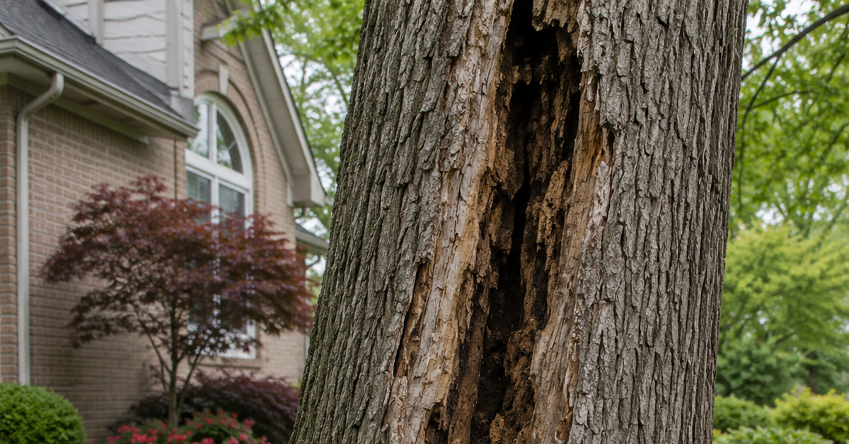 Cracked tree trunk showing structural decay in a Farmington Hills residential yard