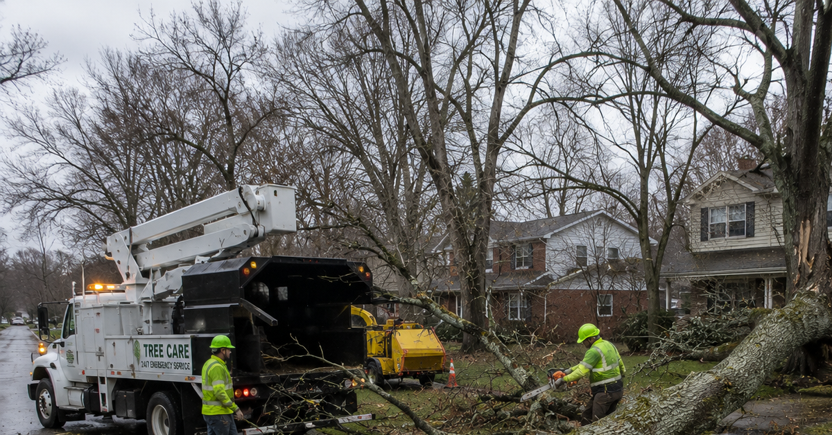 Emergency tree crew removing a fallen oak after a storm in Livonia Michigan
