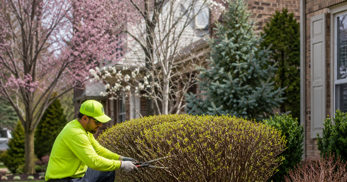 Professional shrub pruning in a Southeast Michigan residential garden during early spring