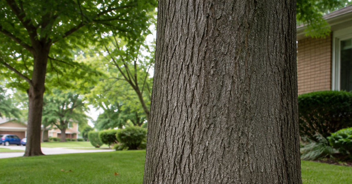 Broken hanging tree limb caught in a maple canopy after a windstorm, creating a dangerous widowmaker hazard.