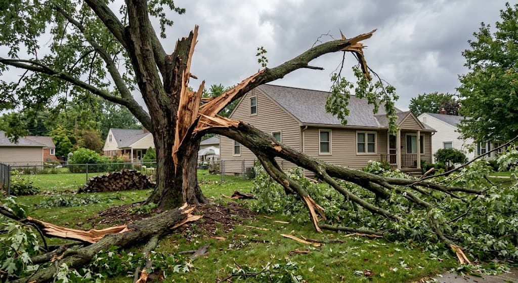 Storm-damaged tree with broken limbs in a Southeast Michigan yard