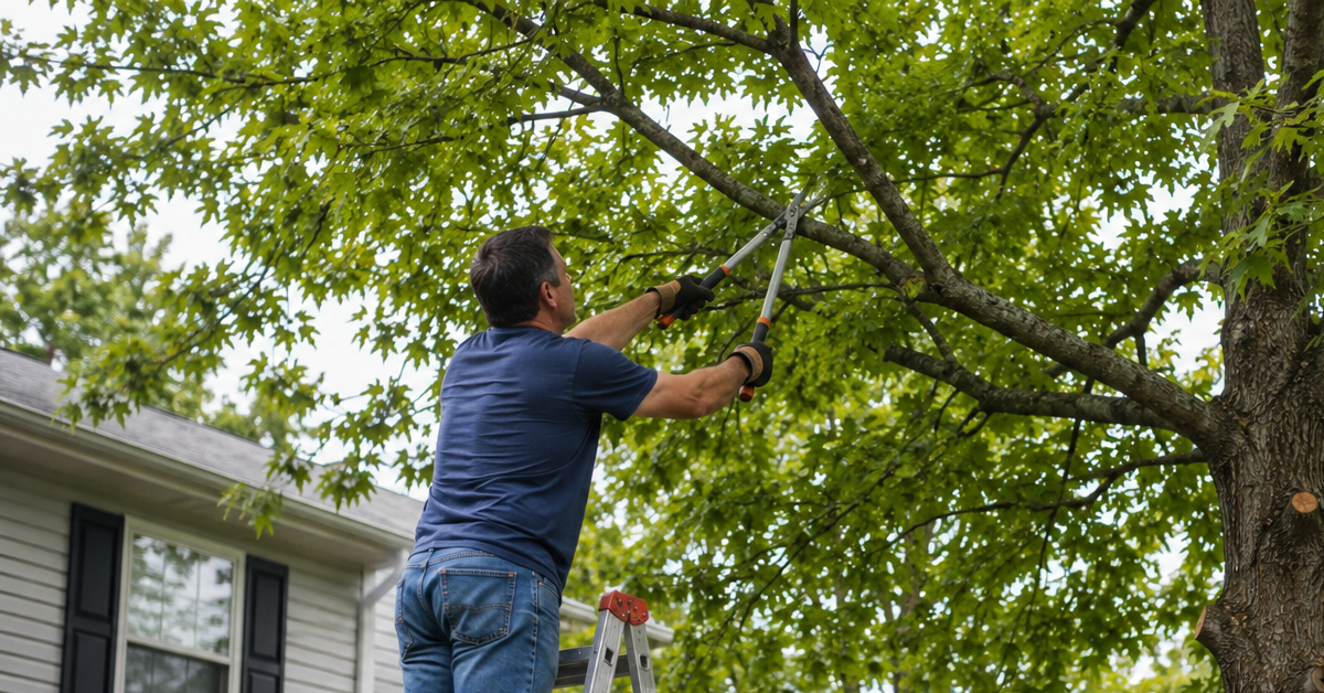 Homeowner attempting DIY tree trimming with a ladder