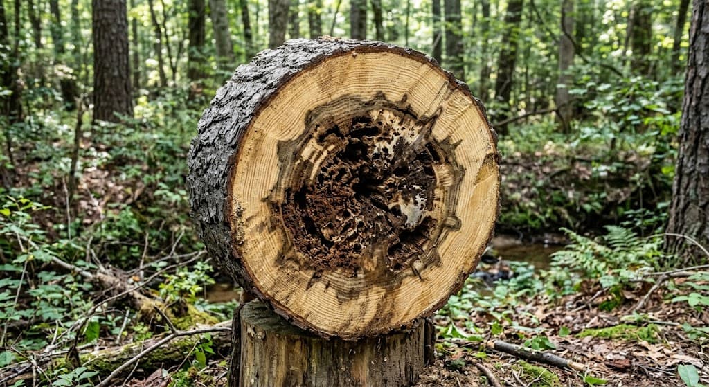 Tree trunk cross-section showing compartmentalized decay after pruning