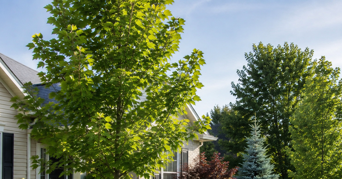 Healthy trees planted in a residential landscape in Howell, Michigan