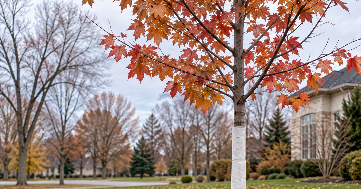 Young maple tree with trunk wrap and mulch ring in a southeast Michigan yard in late fall