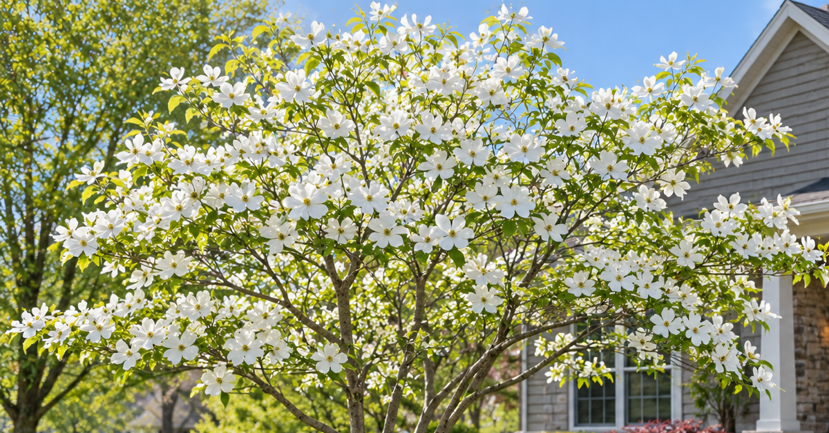 ● Flowering dogwood tree planted in a Novi, MI front yard.