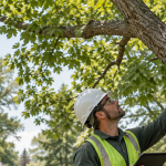 Arborist inspecting a mature tree for health and structural problems in Bloomfield Hills, Michigan