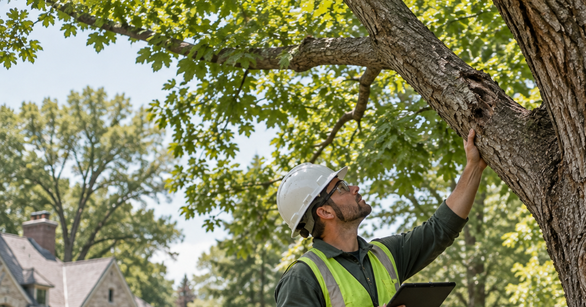 Arborist inspecting a mature tree for health and structural problems in Bloomfield Hills, Michigan